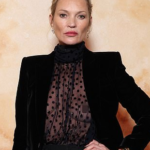 Kate Moss went braless in a sheer blouse at the Saint Laurent show, closing Paris Fashion Week with Lila, Hailey Bieber, and Zoe Saldana.