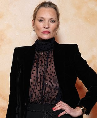 Kate Moss went braless in a sheer blouse at the Saint Laurent show, closing Paris Fashion Week with Lila, Hailey Bieber, and Zoe Saldana.